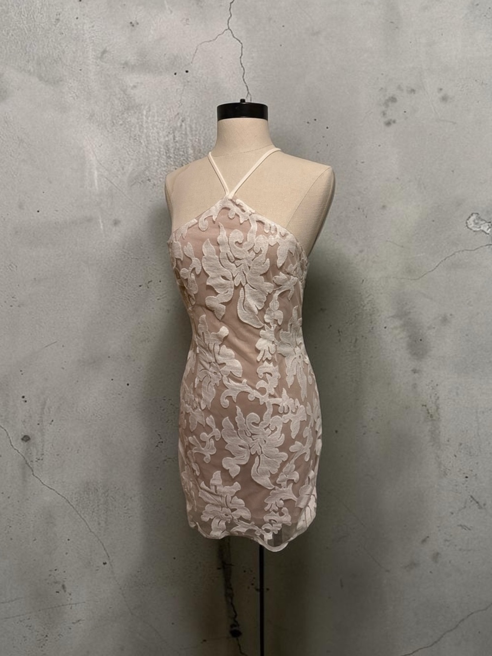 White Floral Appliqué Halter Mini Dress